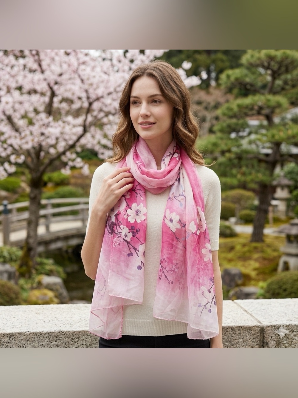 Vibrant Hot Pink Floral Silk Scarf Watercolor Flower Lightweight Shawl Wrap
